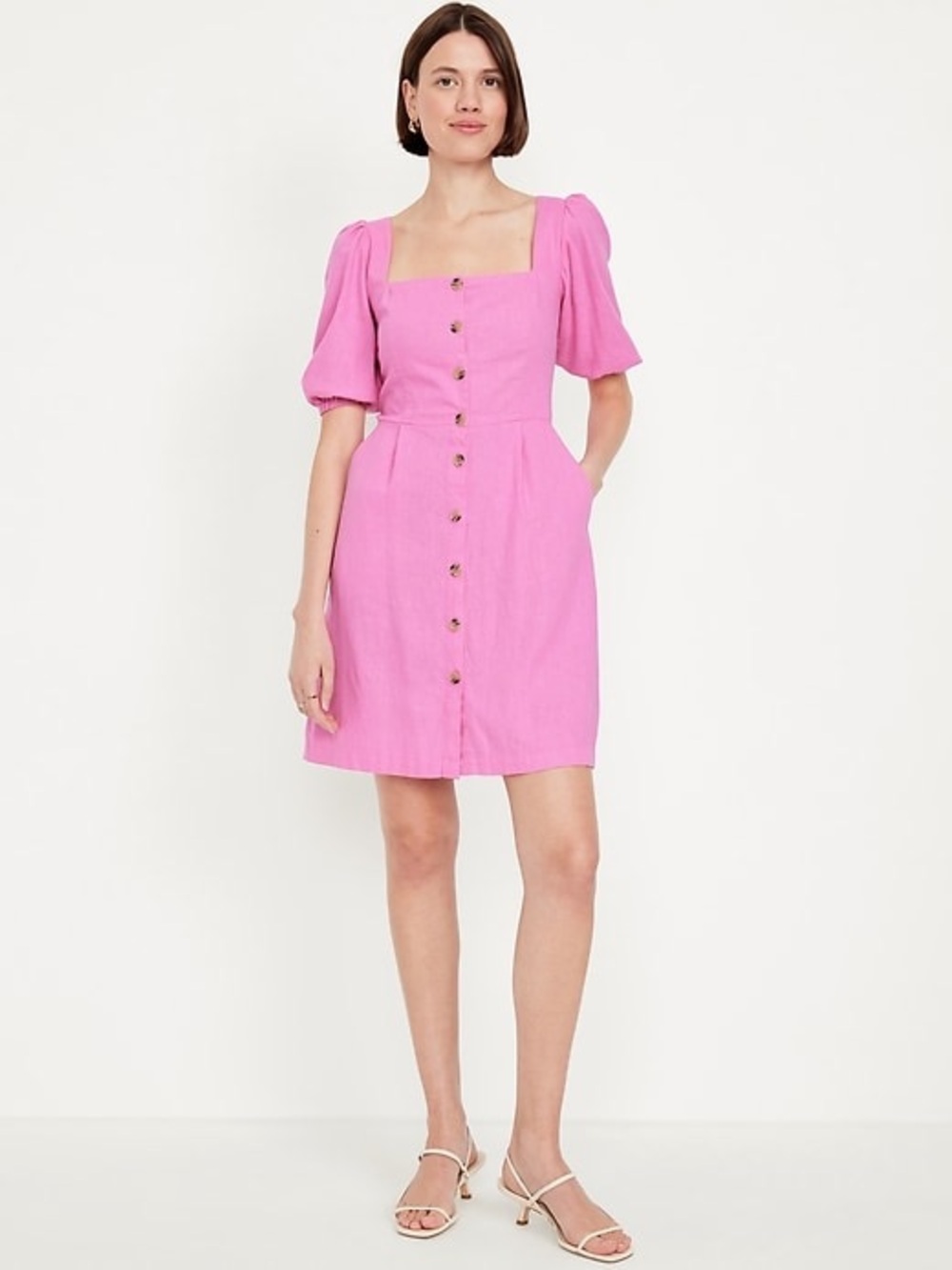 OLD NAVY Puff-Sleeve Linen-Blend Mini Dress in Vivid Begonia Pink Size M